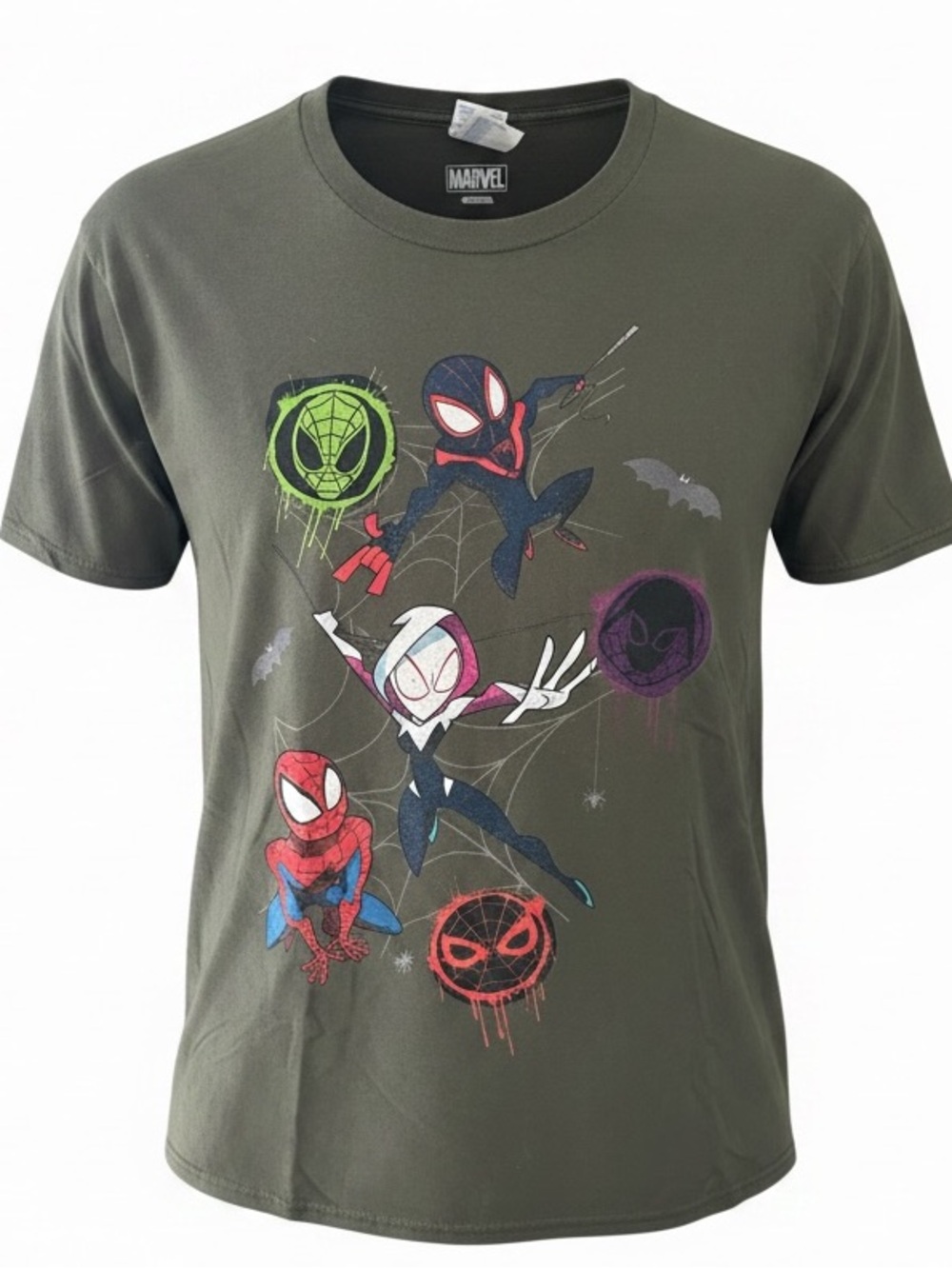 Marvel Spider-Verse Young Adult Olive Green Graphic Tee 100% Cotton SZ Large